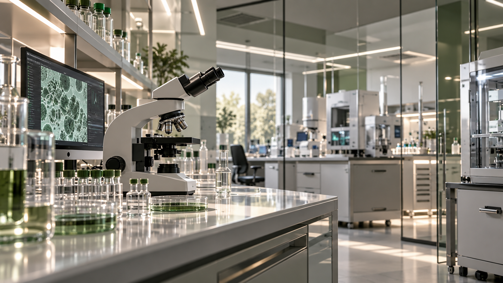 Laboratorio farmacéutico moderno con microscopio y equipo de investigación
